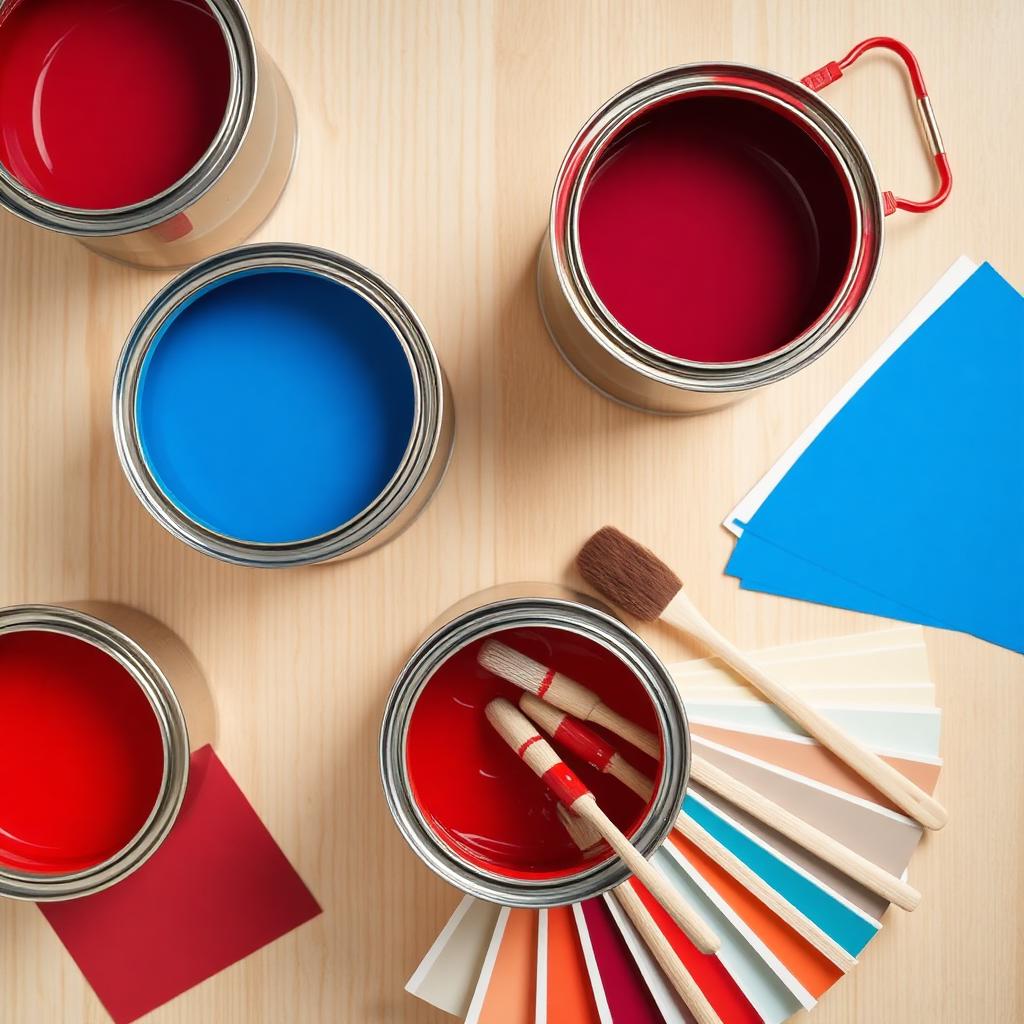 Latas de tinta azul e vermelho